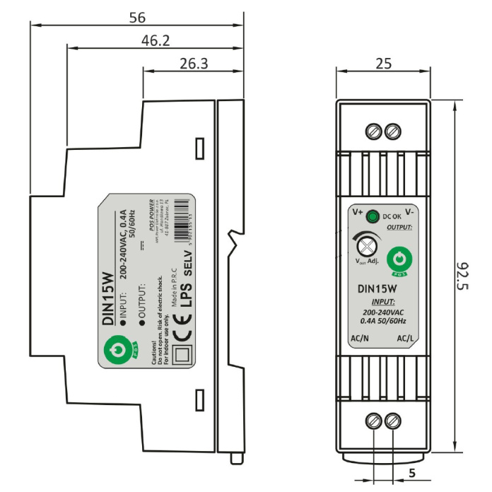 Rysunek techniczny zasilacza DIN15W15